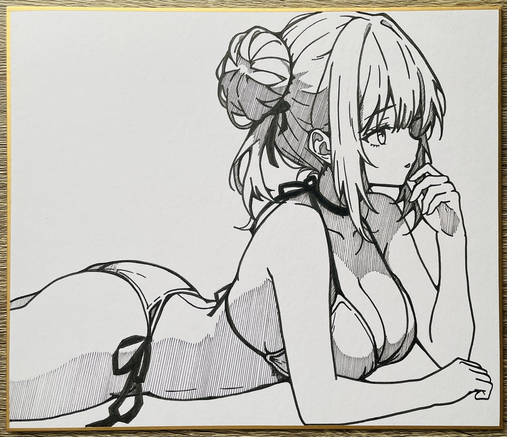 オリジナル 手描きイラスト アナログ 小色紙 可愛い女の子 水着ビキニ