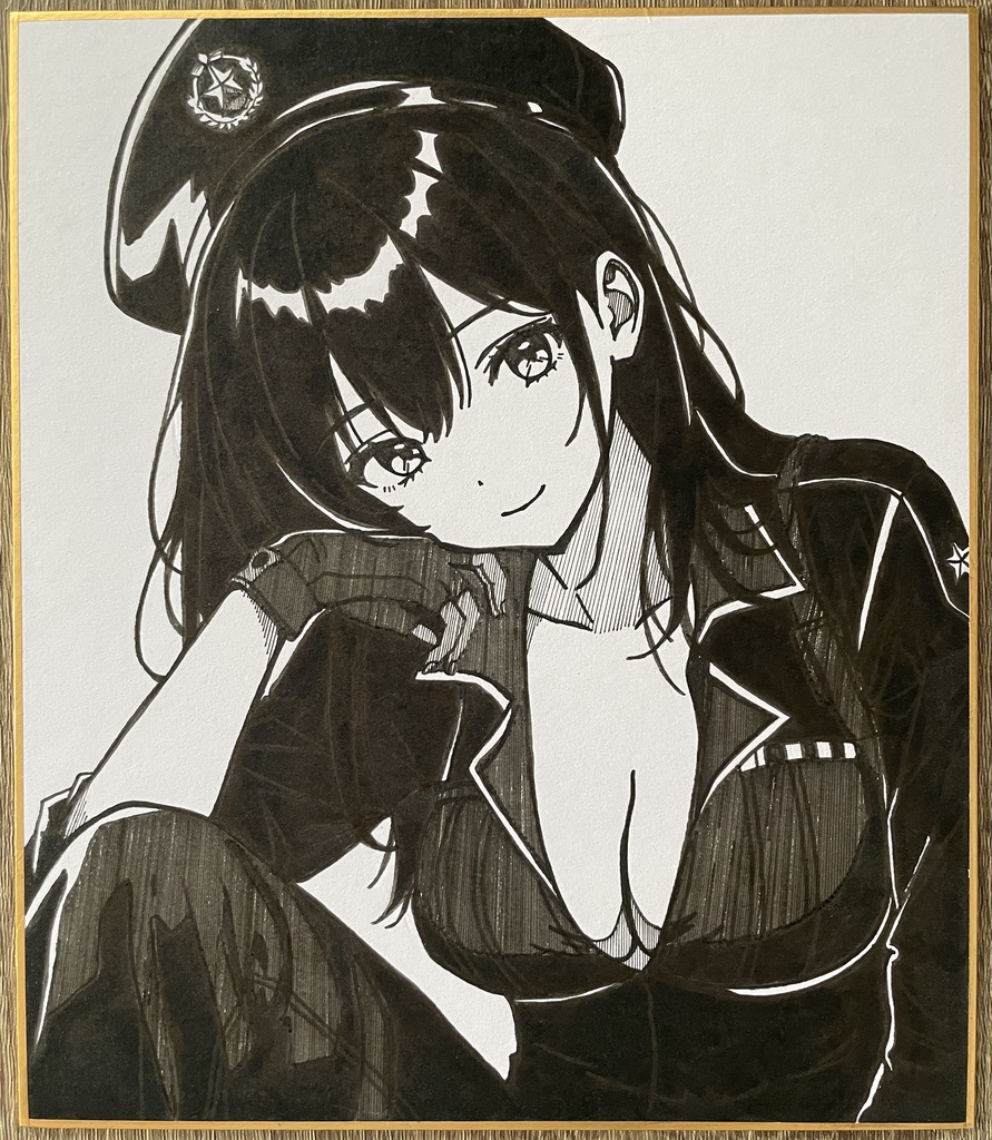 オリジナル 手描きイラスト アナログ　小色紙　可愛い女の子 軍曹ちゃん　アーミーコスプレ
