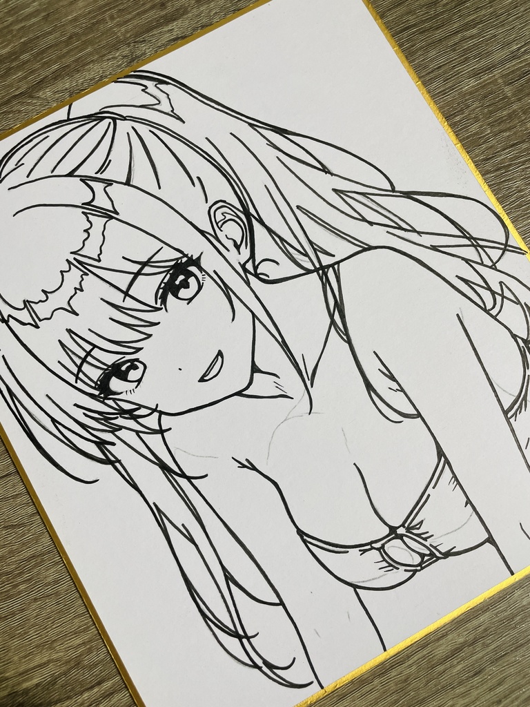 オリジナル 手描きイラスト アナログ 小色紙 可愛い女の子 水着ビキニ ポニテちゃん