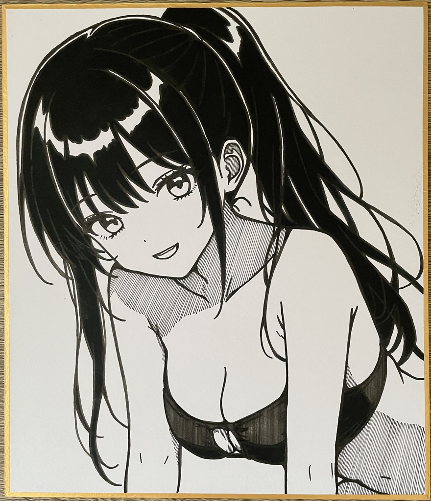 オリジナル 手描きイラスト アナログ　小色紙　可愛い女の子 水着ビキニ　ポニテちゃん