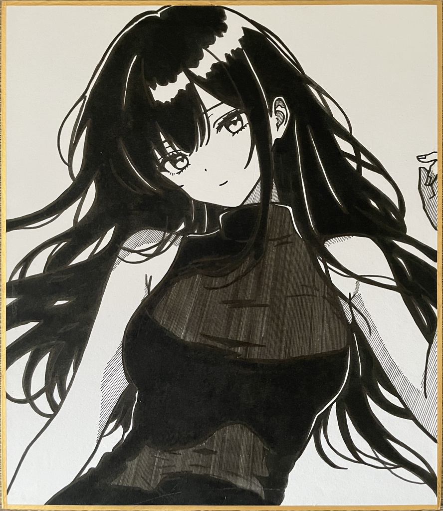 オリジナル 手描きイラスト アナログ　小色紙　可愛い女の子 タイトニット　ノースリーブ