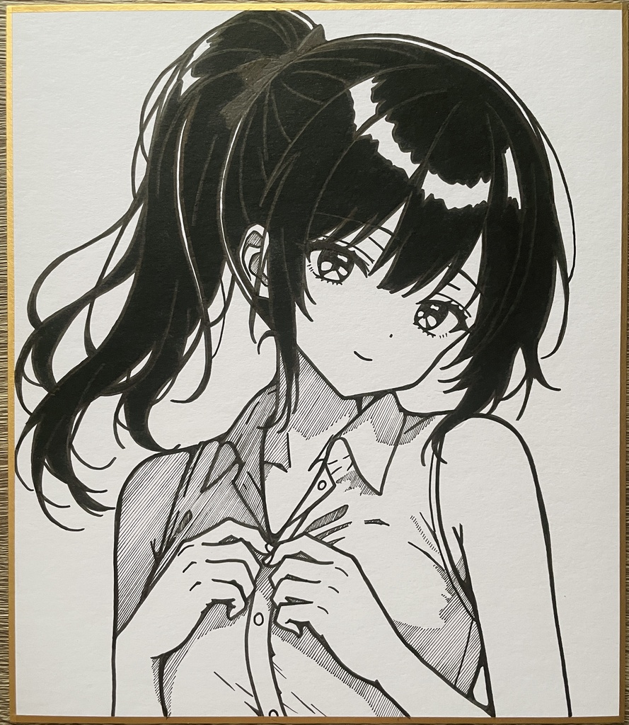 オリジナル 手描きイラスト アナログ　小色紙　可愛い女の子 Yシャツ　ノースリーブ　OLちゃん