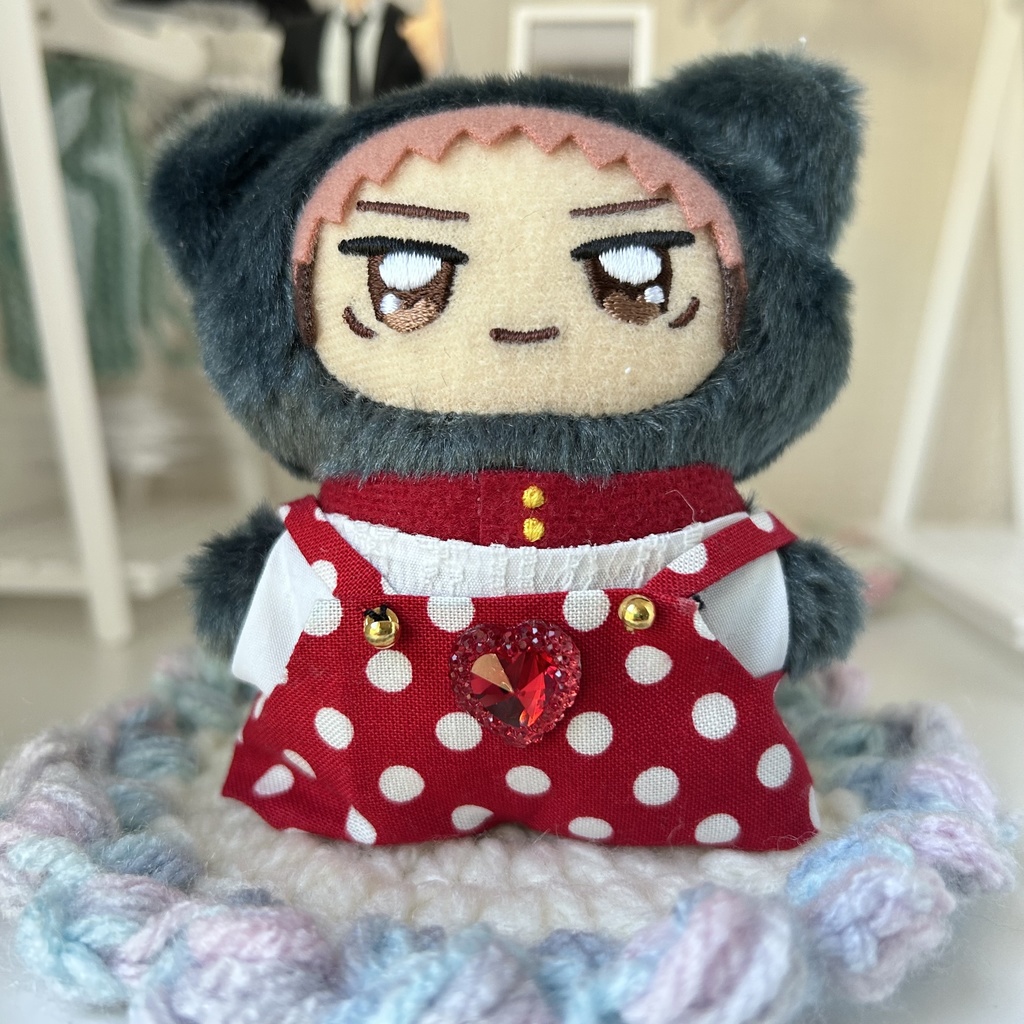ぬい服　ちみけも　サロペット　オーバーオール　赤　水玉