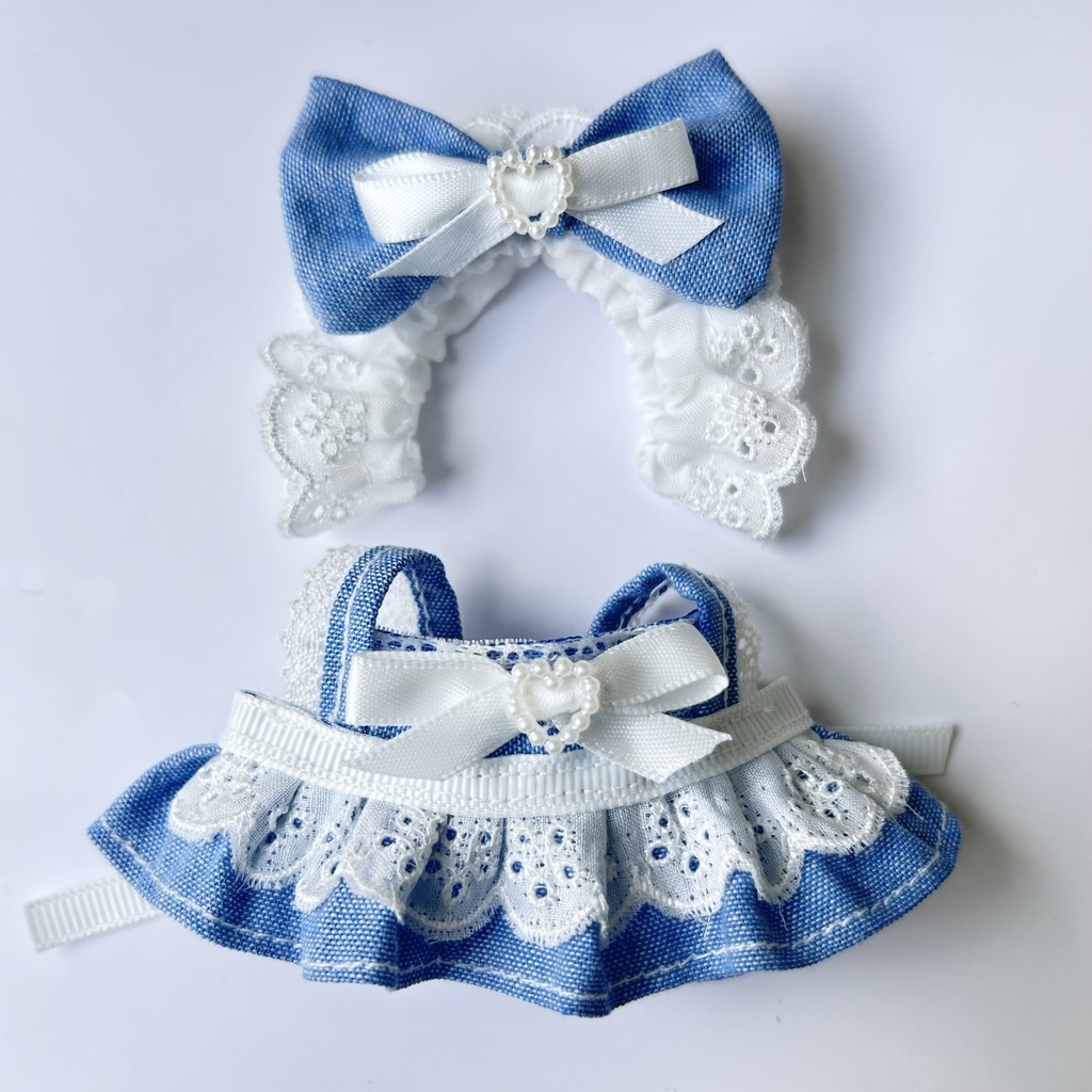 汎用サイズ ぬい服 メイド風 エプロンドレス 青 デニム 星形パール 10cm 11cm 12cm