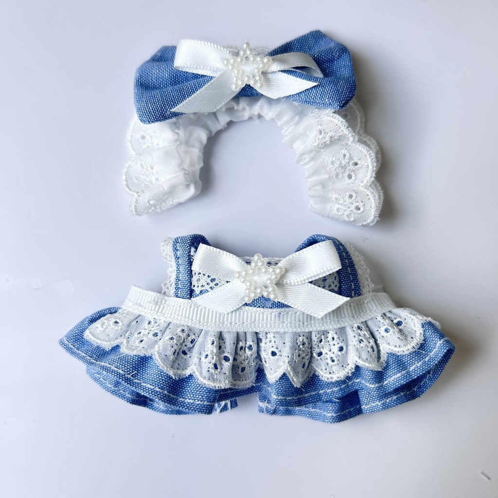 汎用サイズ ぬい服 メイド風 エプロンドレス 青 デニム 星形パール 10cm 11cm 12cm