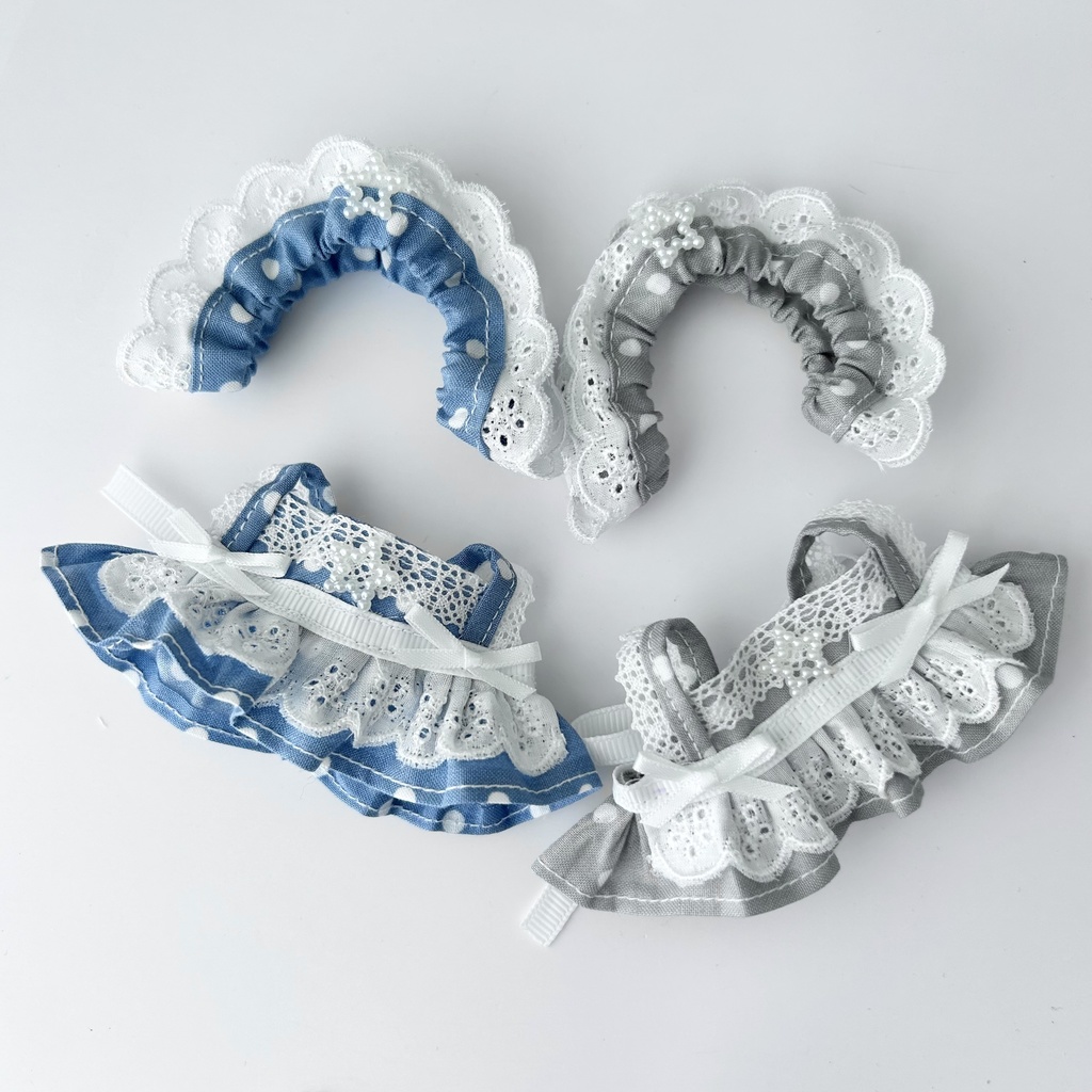 【汎用サイズ】ぬい服 メイド風 エプロンドレス 水玉ニュアンスカラー（10cm 11cm 12cm対応）