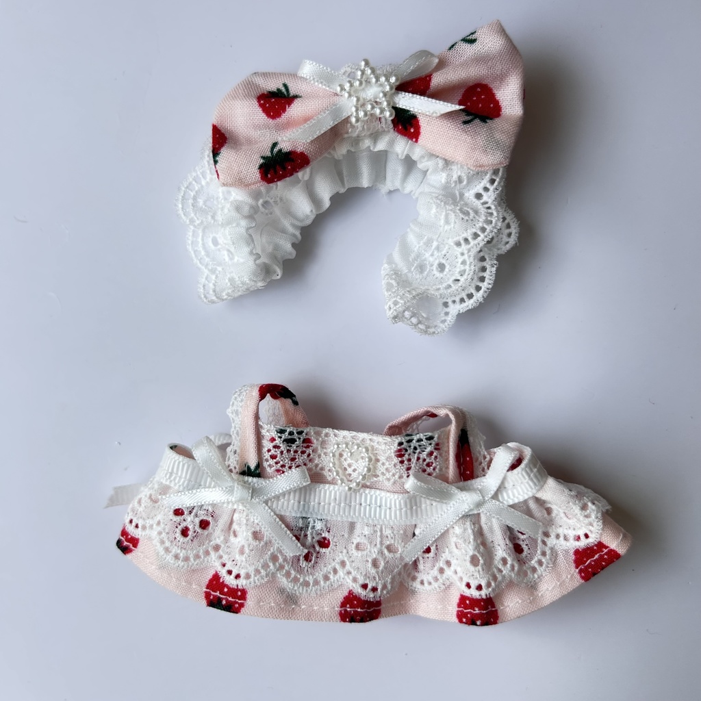 【汎用サイズ】ぬい服 いちご柄 メイド風エプロンドレス(10cm 11cm 12cm対応)