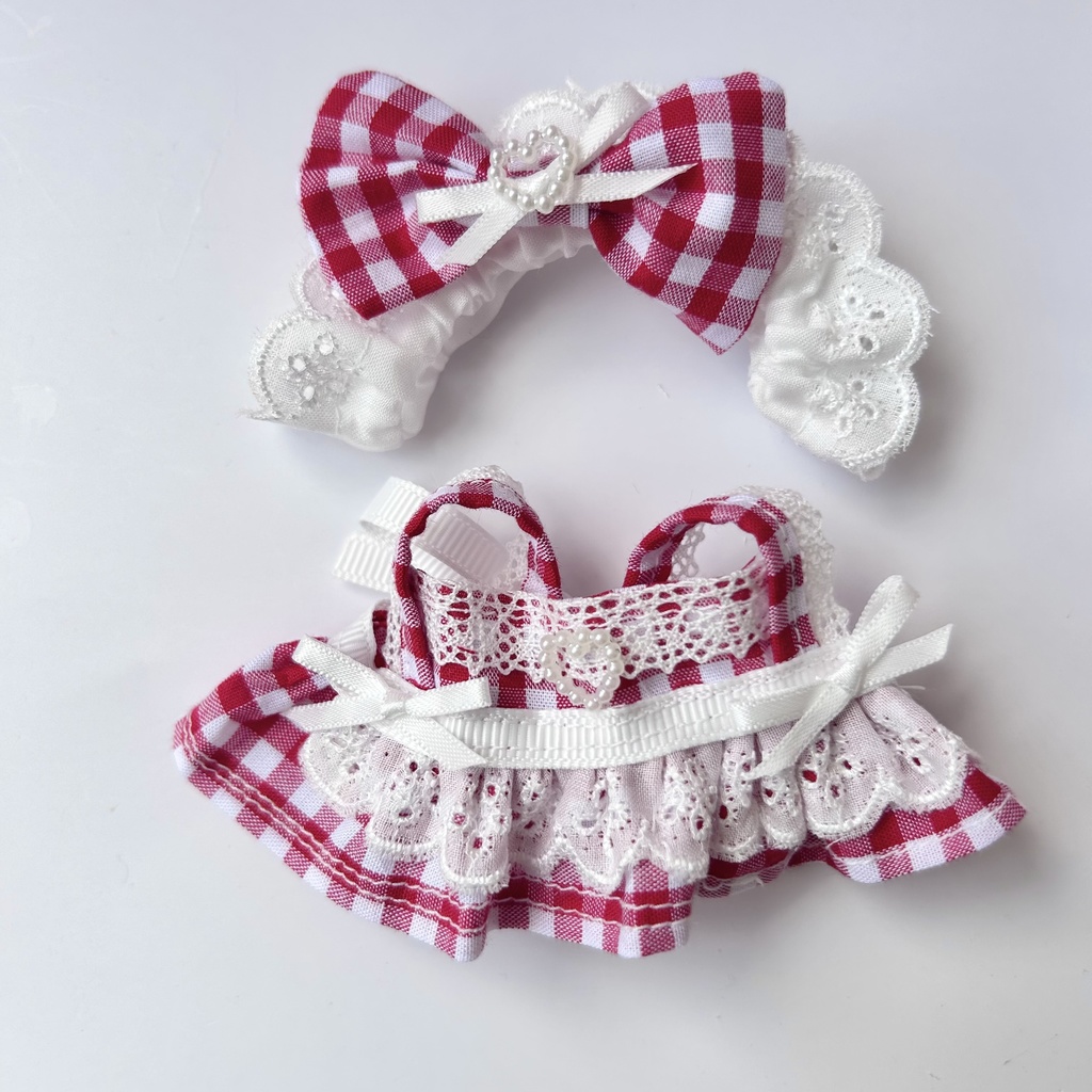 【汎用サイズ】ぬい服 ギンガムチェックのメイド風エプロンドレス(レッド)10cm 11cm 12cm対応