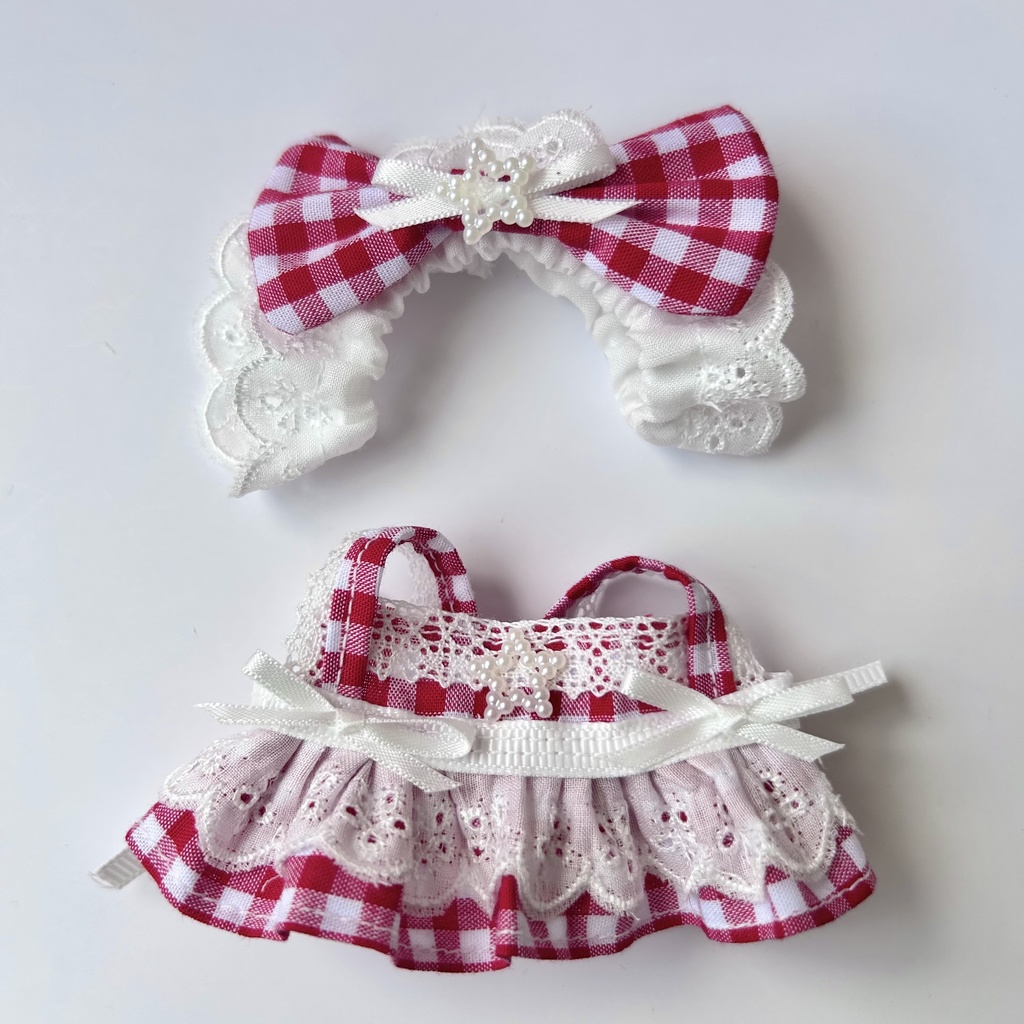 【汎用サイズ】ぬい服 ギンガムチェックのメイド風エプロンドレス(レッド)10cm 11cm 12cm対応