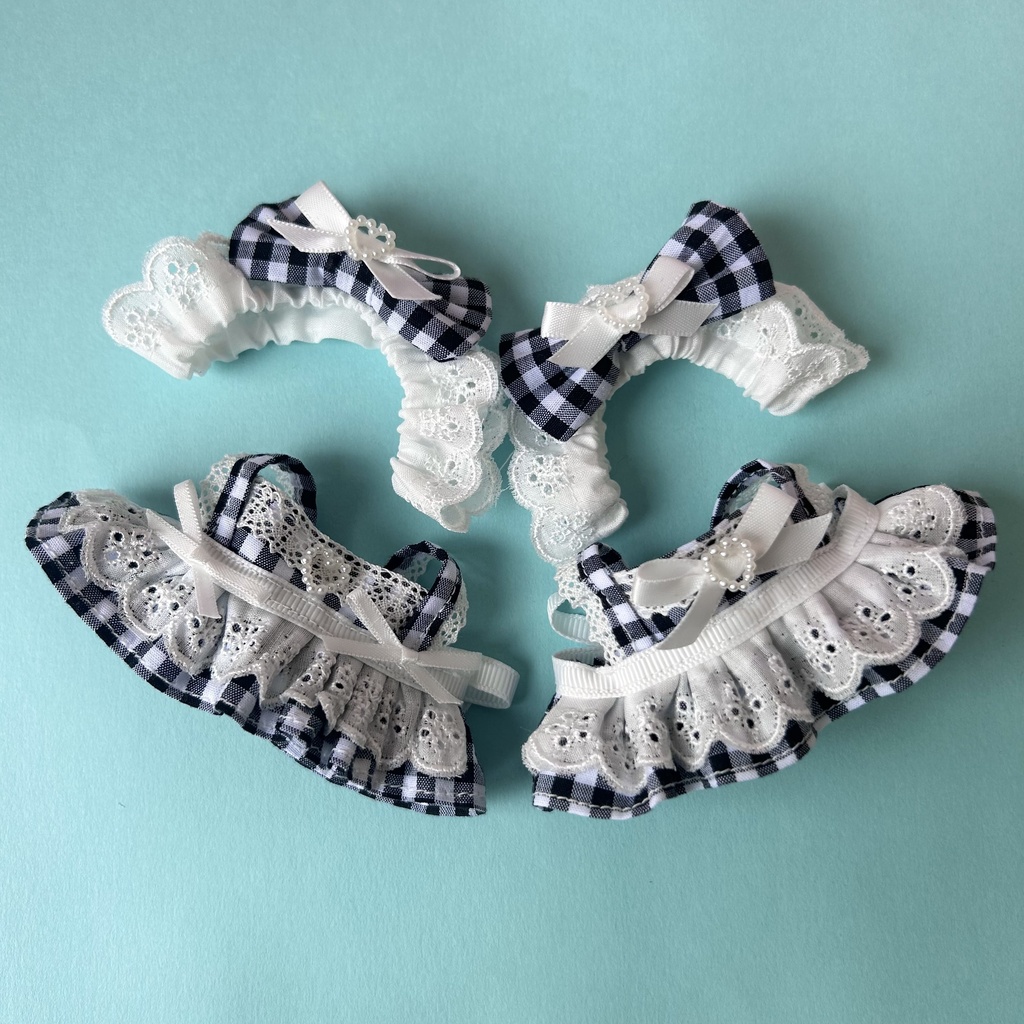 【汎用サイズ】ぬい服 メイド風エプロンドレス（ギンガムチェック 黒白） 10cm 11cm 12cm対応