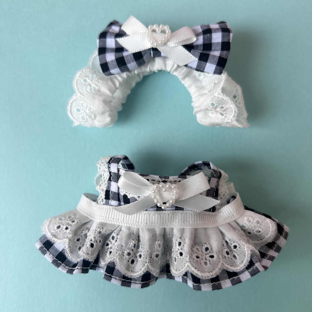【汎用サイズ】ぬい服 メイド風エプロンドレス(ギンガムチェック 黒白) 10cm 11cm 12cm対応