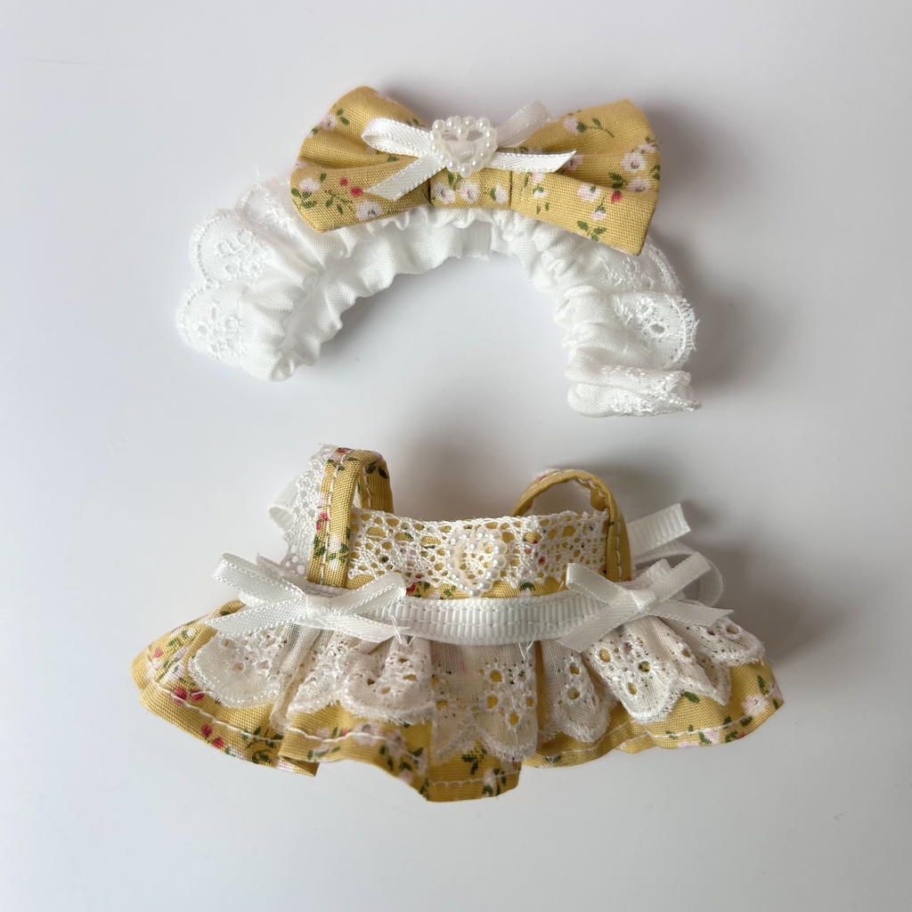 【汎用サイズ】ぬい服 メイド風エプロンドレス(イエローアンティーク花柄) 10cm 11cm 12cm対応