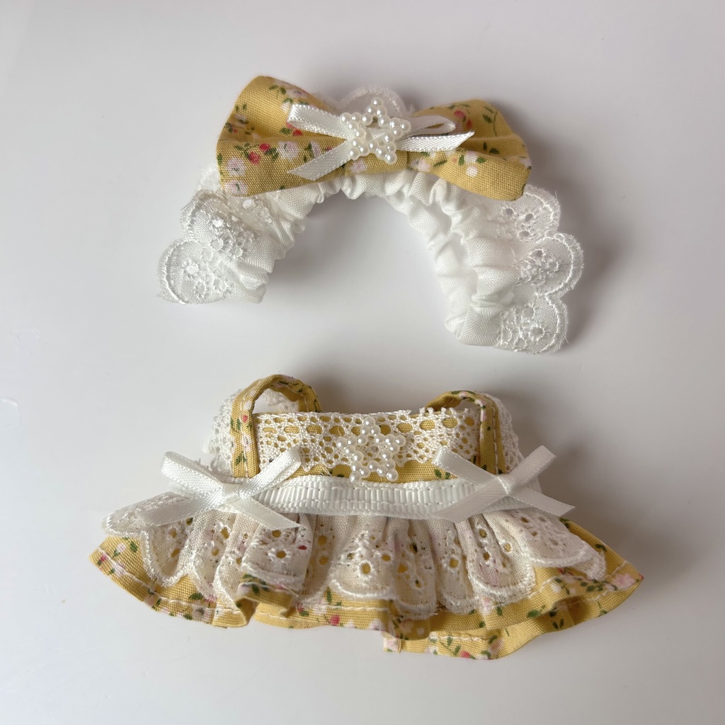 【汎用サイズ】ぬい服 メイド風エプロンドレス(イエローアンティーク花柄) 10cm 11cm 12cm対応