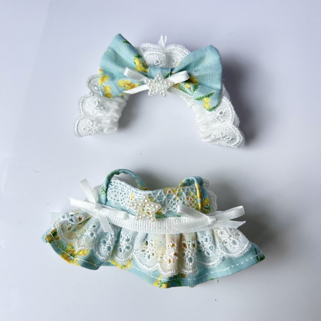 【汎用サイズ】ぬい服 メイド風エプロンドレス(水色ミモザ柄) 10cm 11cm 12cm対応