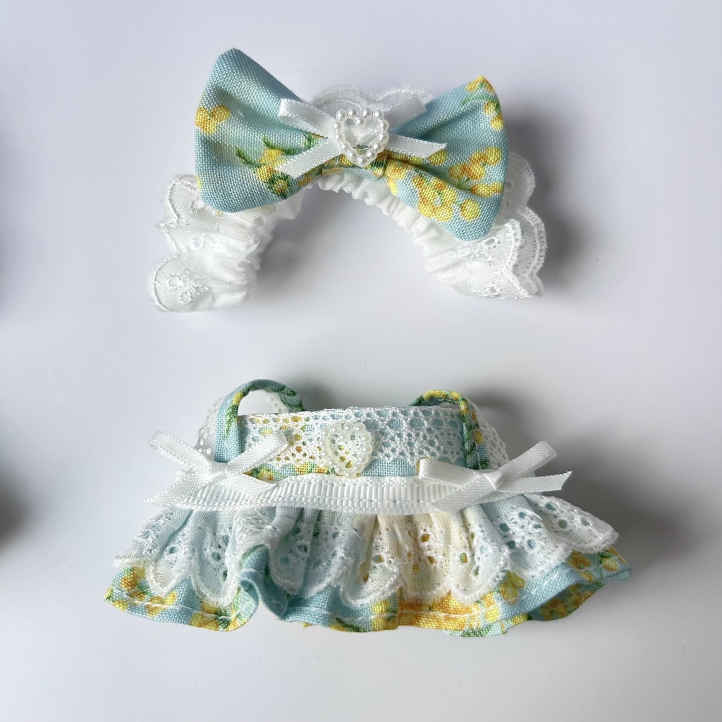 【汎用サイズ】ぬい服 メイド風エプロンドレス(水色ミモザ柄) 10cm 11cm 12cm対応