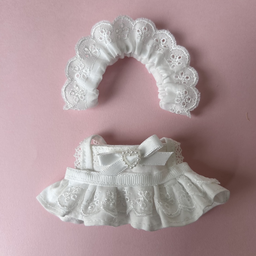 【汎用サイズ】ぬい服 メイド風エプロンドレス(オールホワイト・選べるパール) 10cm 11cm 12cm対応