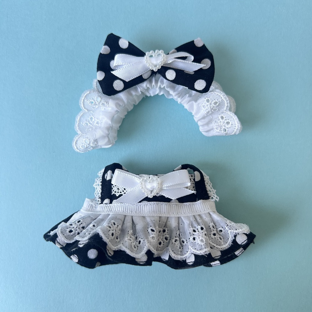 【汎用サイズ】ぬい服 メイド風エプロンドレス(水玉 ドット 黒・選べるパール) 10cm 11cm 12cm対応