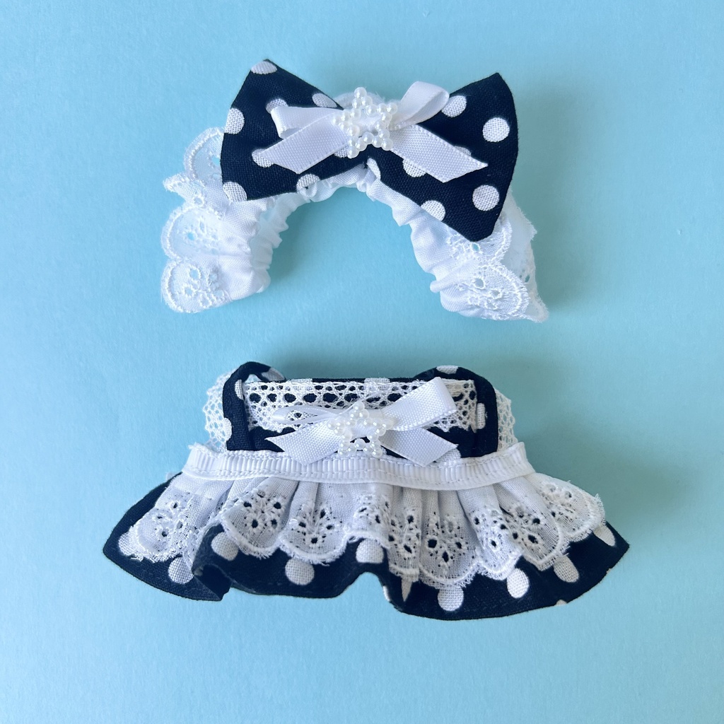 【汎用サイズ】ぬい服 メイド風エプロンドレス(水玉 ドット 黒・選べるパール) 10cm 11cm 12cm対応