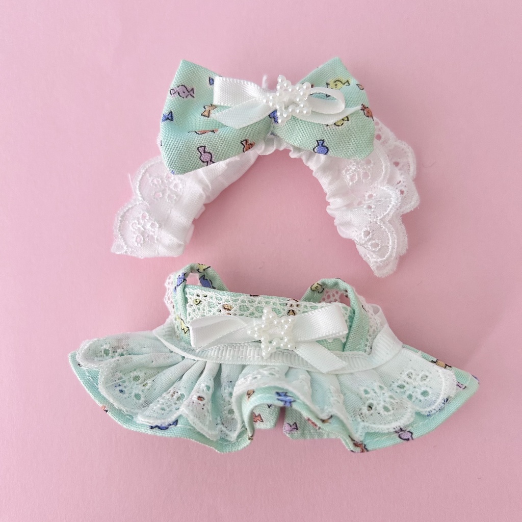 【汎用サイズ】ぬい服 メイド風エプロンドレス(パステルキャンディ柄) 10cm 11cm 12cm対応