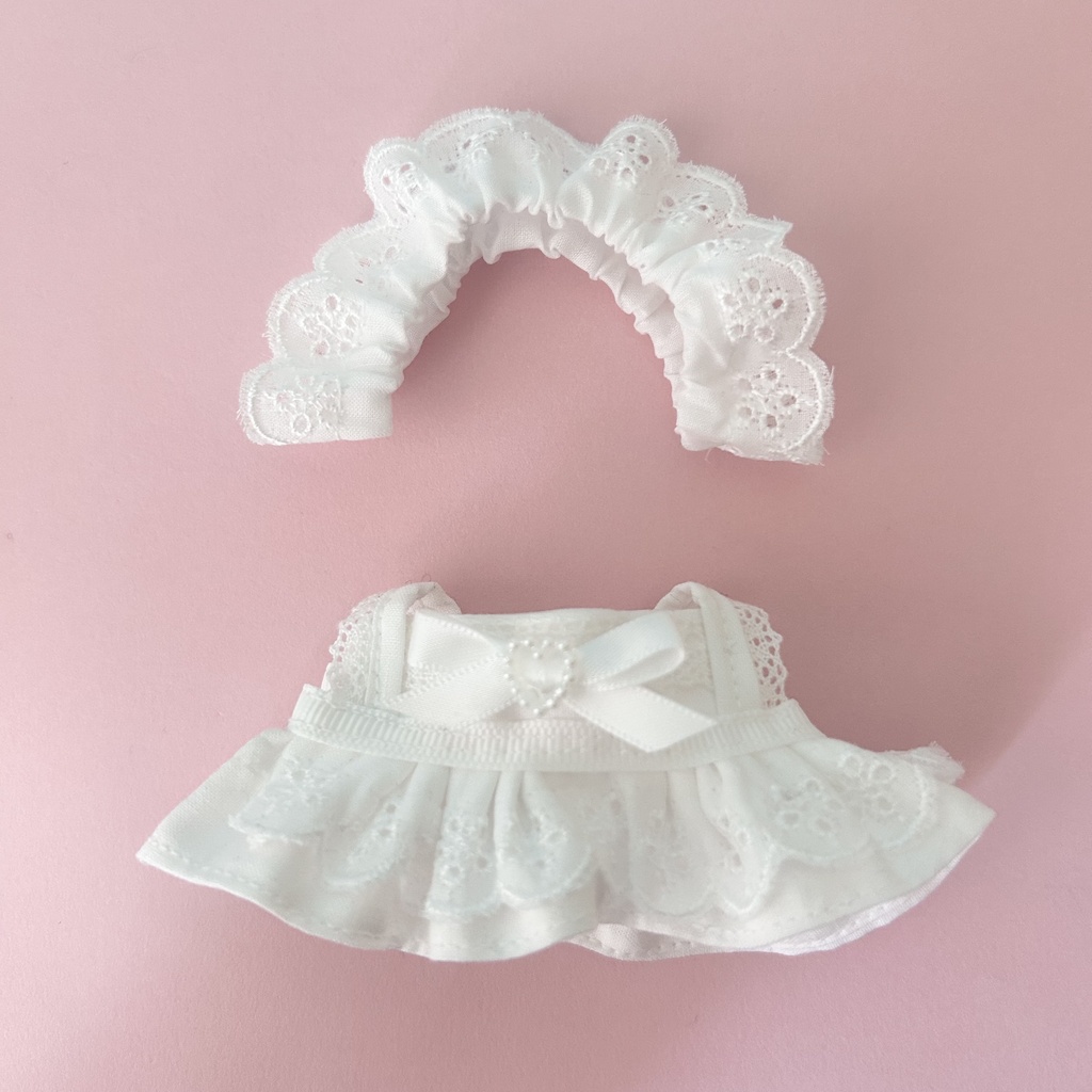 【汎用サイズ】ぬい服 正統派メイド風エプロンドレス(オールホワイト・胸元リボン仕様) 10cm 11cm 12cm対応