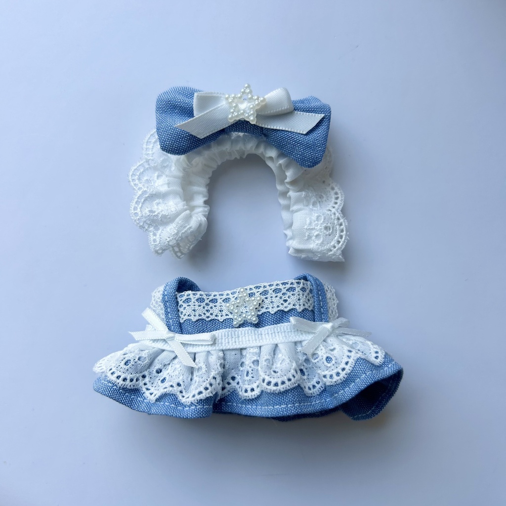 【汎用サイズ】ぬい服 メイド風エプロンドレス(デニム・腰リボン仕様) 10cm 11cm 12cm対応