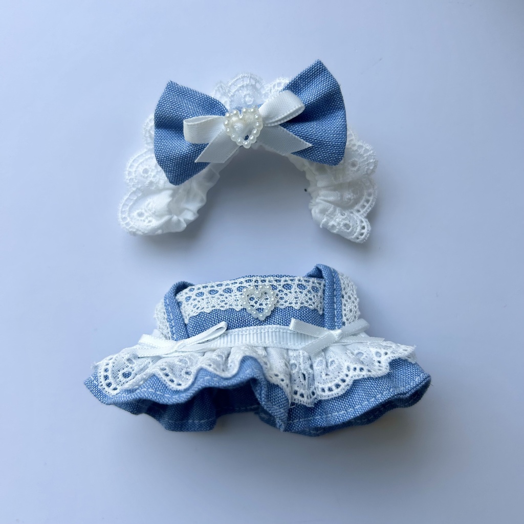【汎用サイズ】ぬい服 メイド風エプロンドレス(デニム・腰リボン仕様) 10cm 11cm 12cm対応