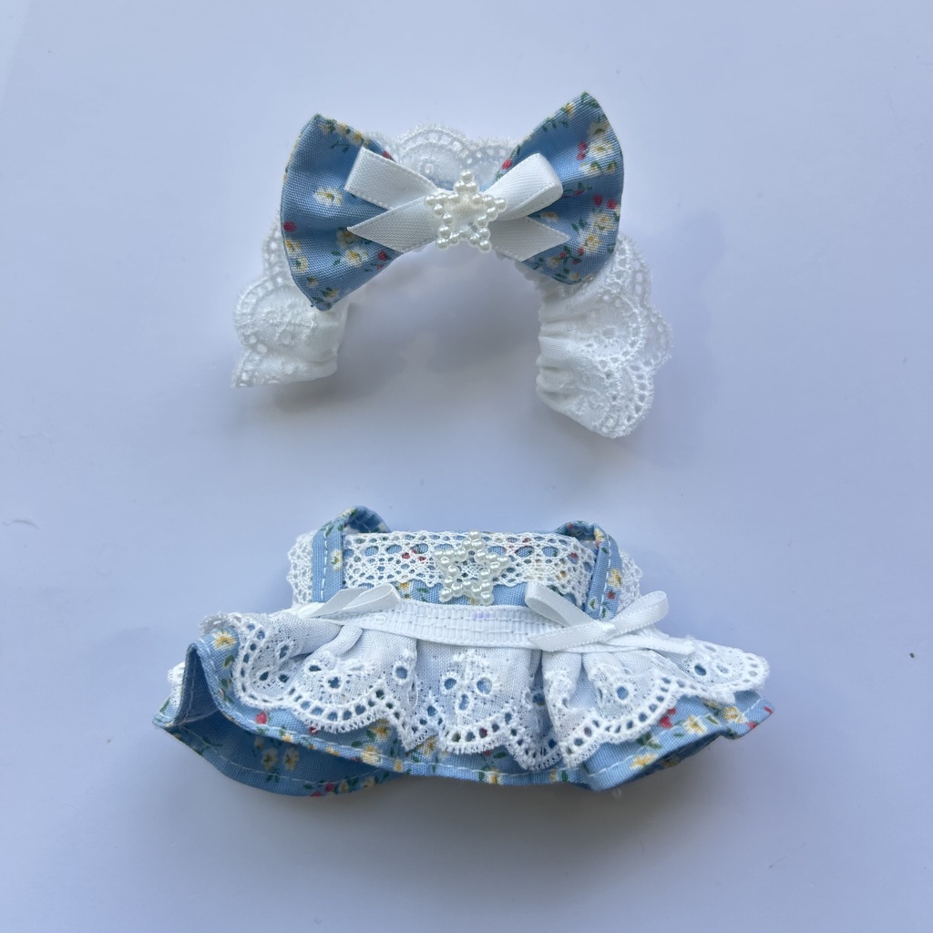 【汎用サイズ】ぬい服 正統派メイド風エプロンドレス(アンティーク花柄 水色・腰リボン仕様) 10cm 11cm 12cm対応