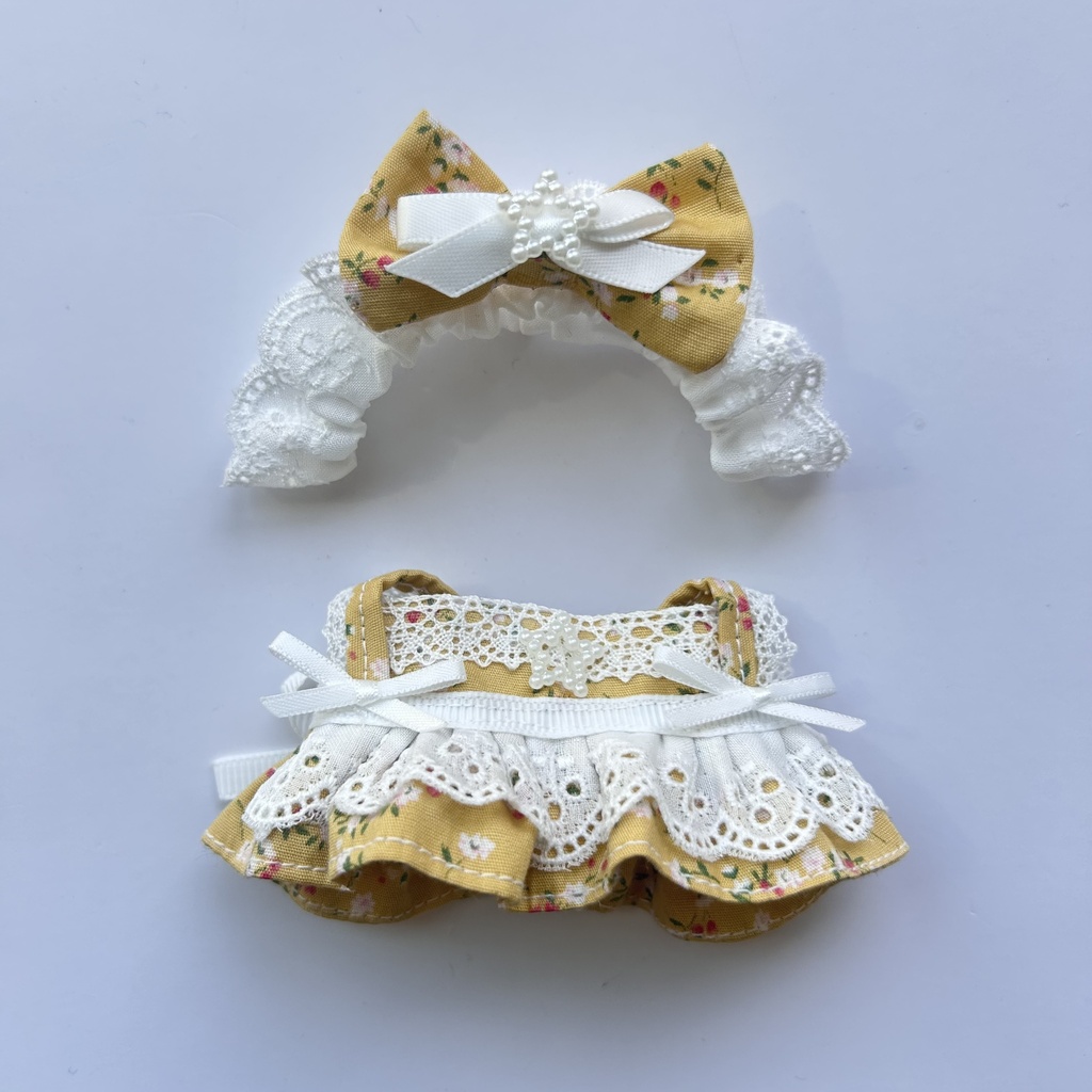 【汎用サイズ】ぬい服 正統派メイド風エプロンドレス(アンティーク花柄 黄色・腰リボン仕様) 10cm 11cm 12cm対応