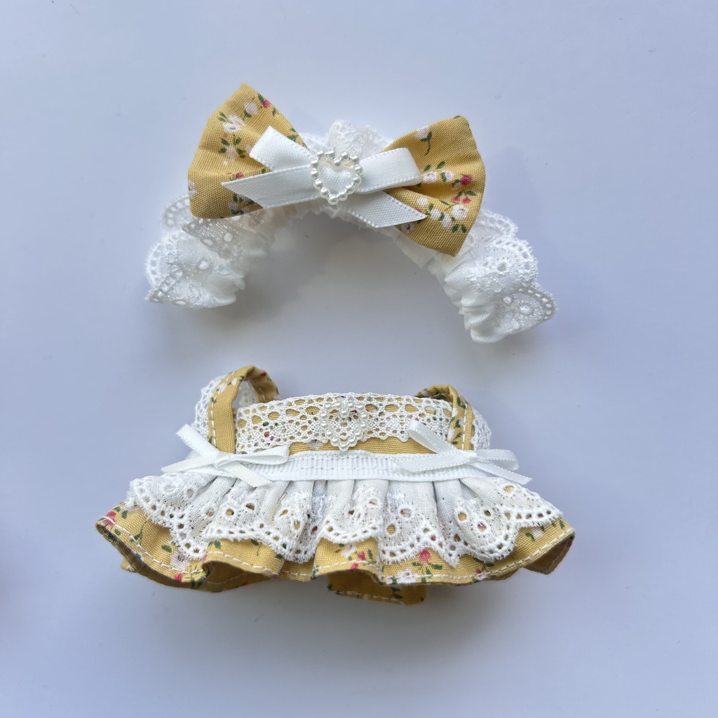 【汎用サイズ】ぬい服 正統派メイド風エプロンドレス(アンティーク花柄 黄色・腰リボン仕様) 10cm 11cm 12cm対応