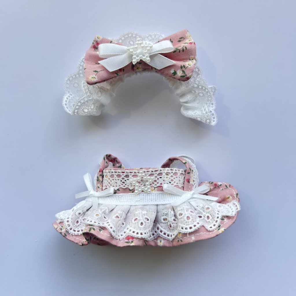 【汎用サイズ】ぬい服 正統派メイド風エプロンドレス(アンティーク花柄 ピンク・腰リボン仕様) 10cm 11cm 12cm対応