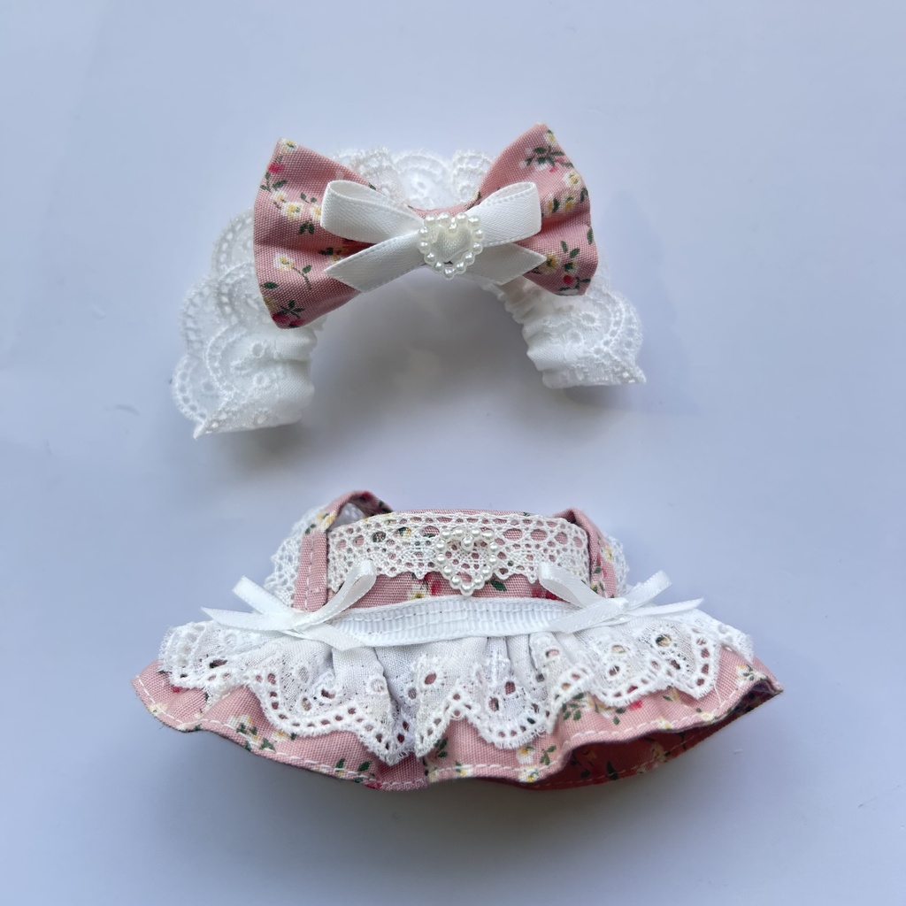 【汎用サイズ】ぬい服 正統派メイド風エプロンドレス(アンティーク花柄 ピンク・腰リボン仕様) 10cm 11cm 12cm対応
