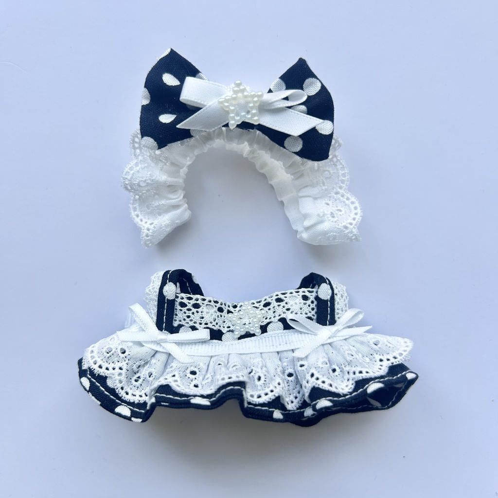【汎用サイズ】ぬい服 正統派メイド風エプロンドレス(水玉ブラック・腰リボン仕様) 10cm 11cm 12cm対応