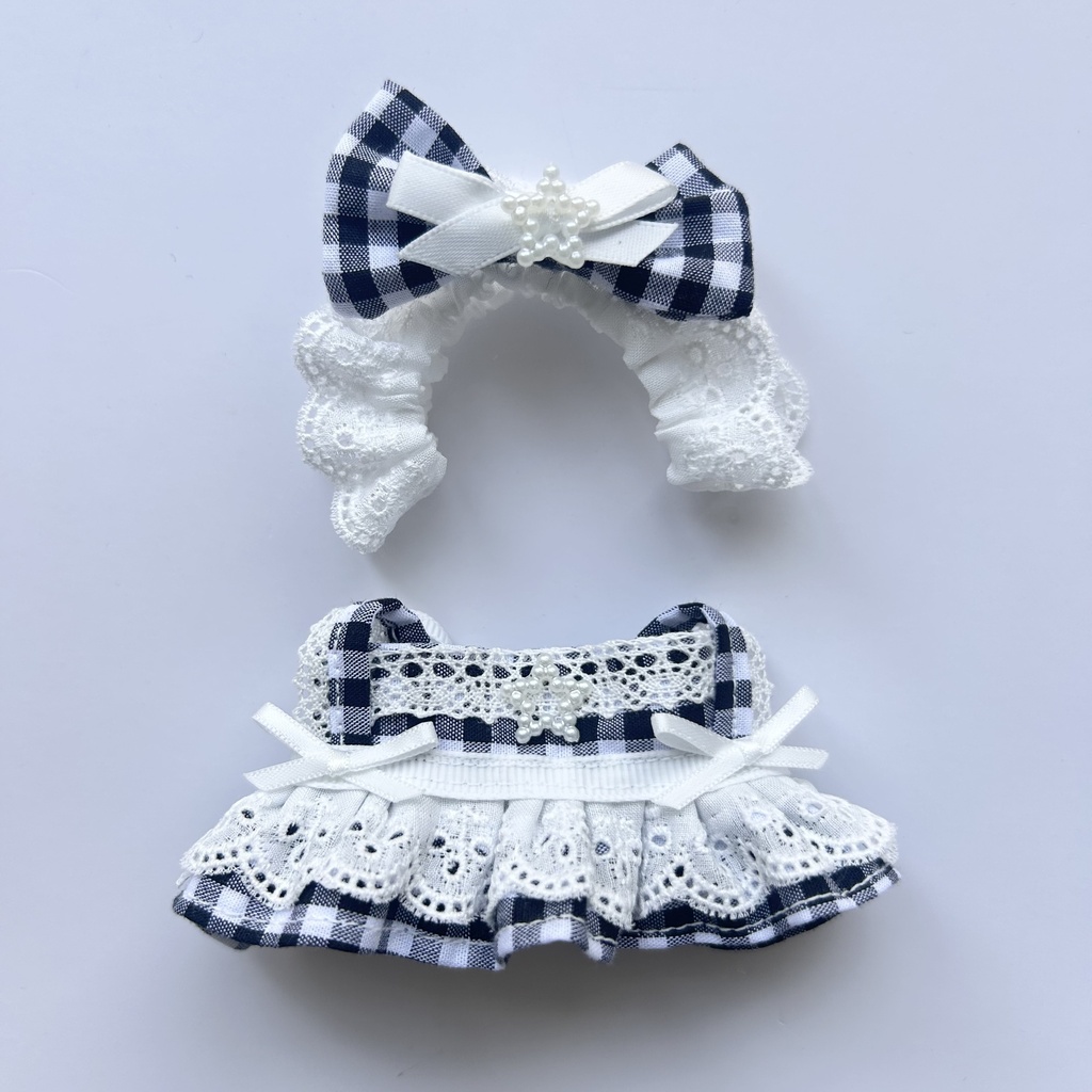 【汎用サイズ】ぬい服 正統派メイド風エプロンドレス(ギンガムチェック 黒・腰リボン仕様) 10cm 11cm 12cm対応