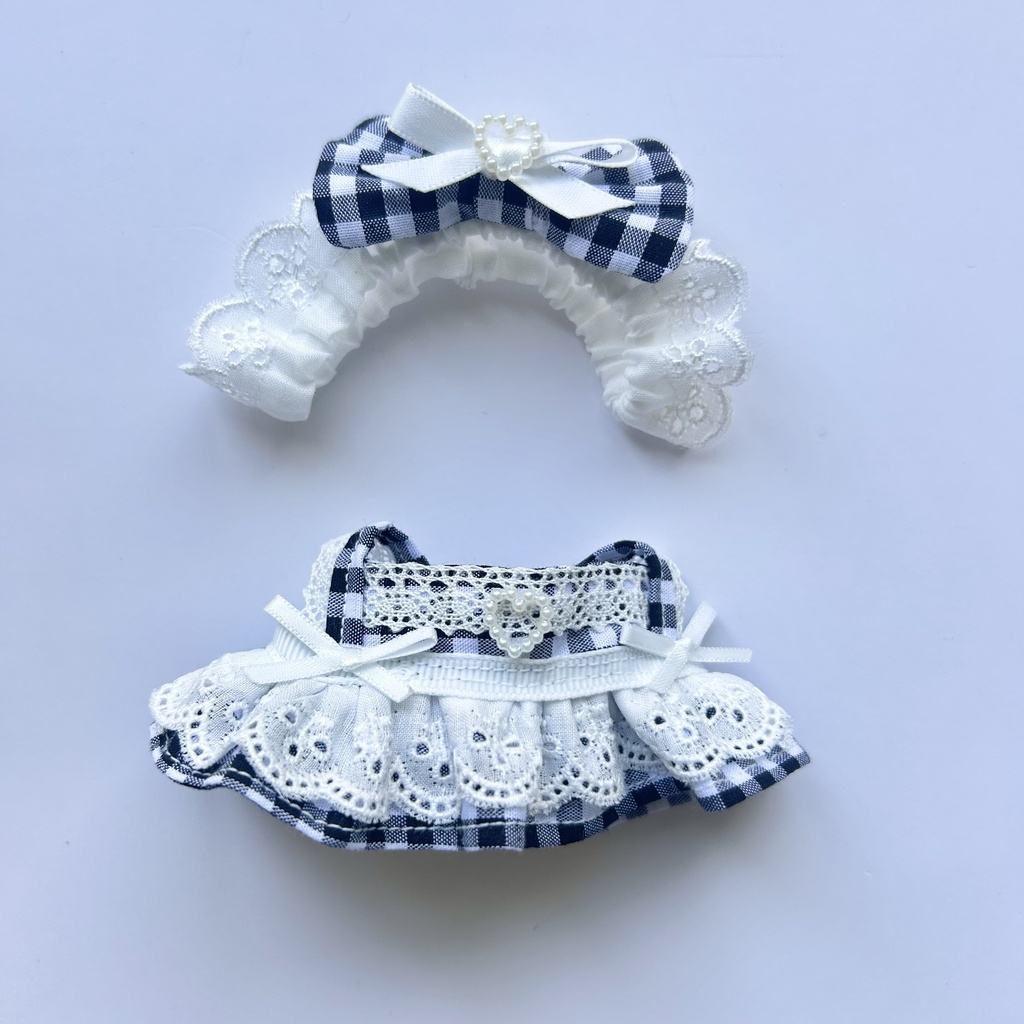 【汎用サイズ】ぬい服 正統派メイド風エプロンドレス(ギンガムチェック 黒・腰リボン仕様) 10cm 11cm 12cm対応