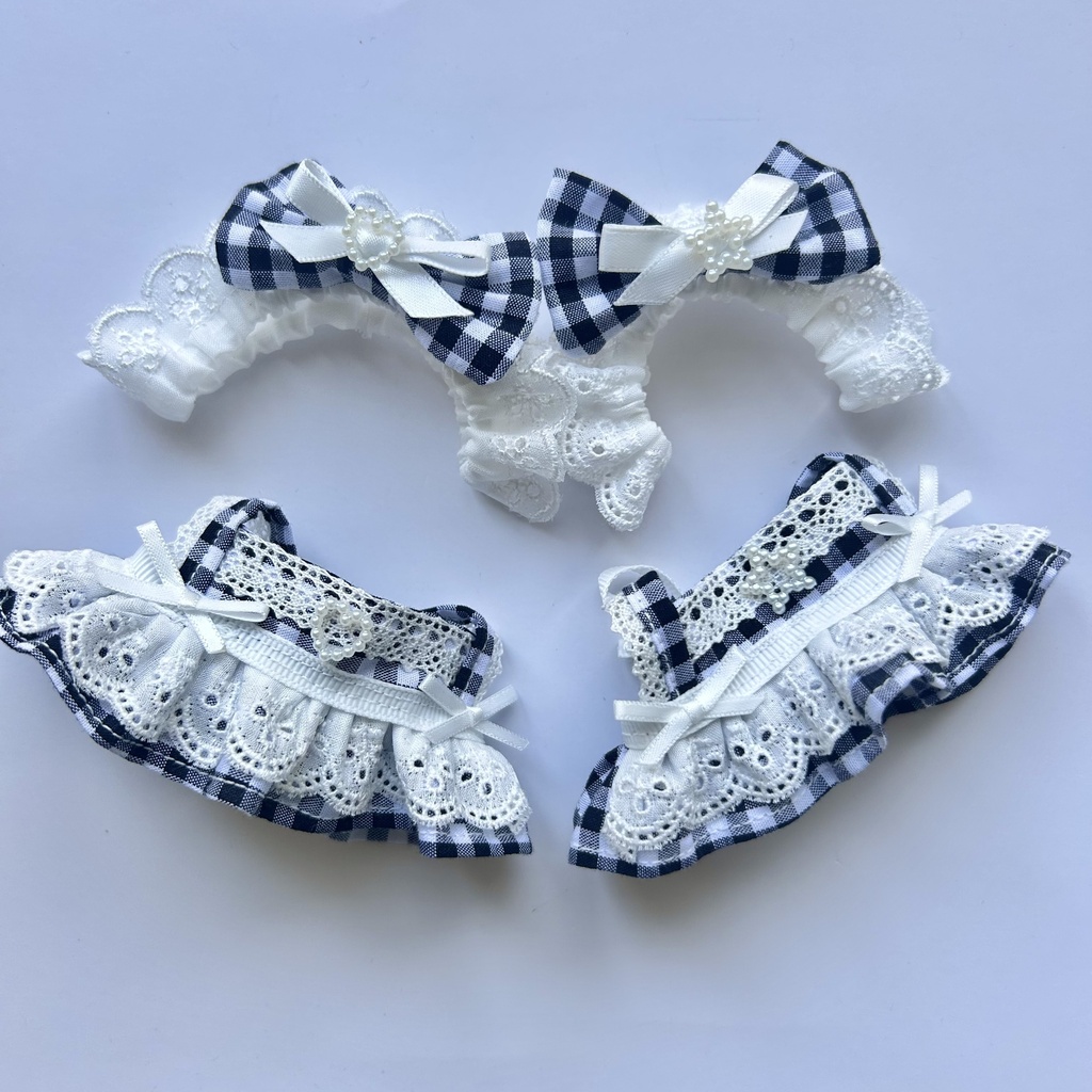 【汎用サイズ】ぬい服 正統派メイド風エプロンドレス（ギンガムチェック 黒・腰リボン仕様） 10cm 11cm 12cm対応