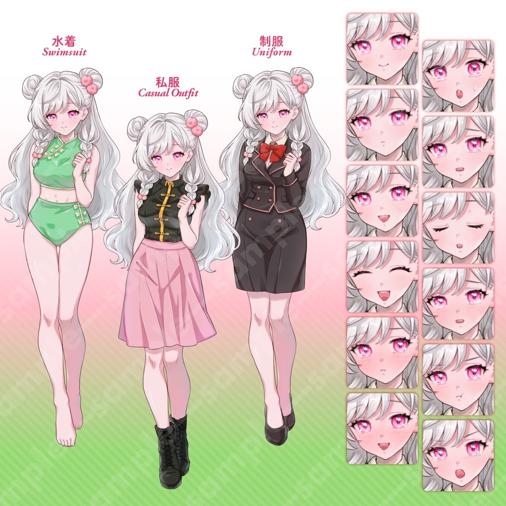 【立ち絵素材】白髪ふわふわ三つ編みお団子のチャイナ風女性イラスト/私服・水着・制服の3種類/全身差分12種