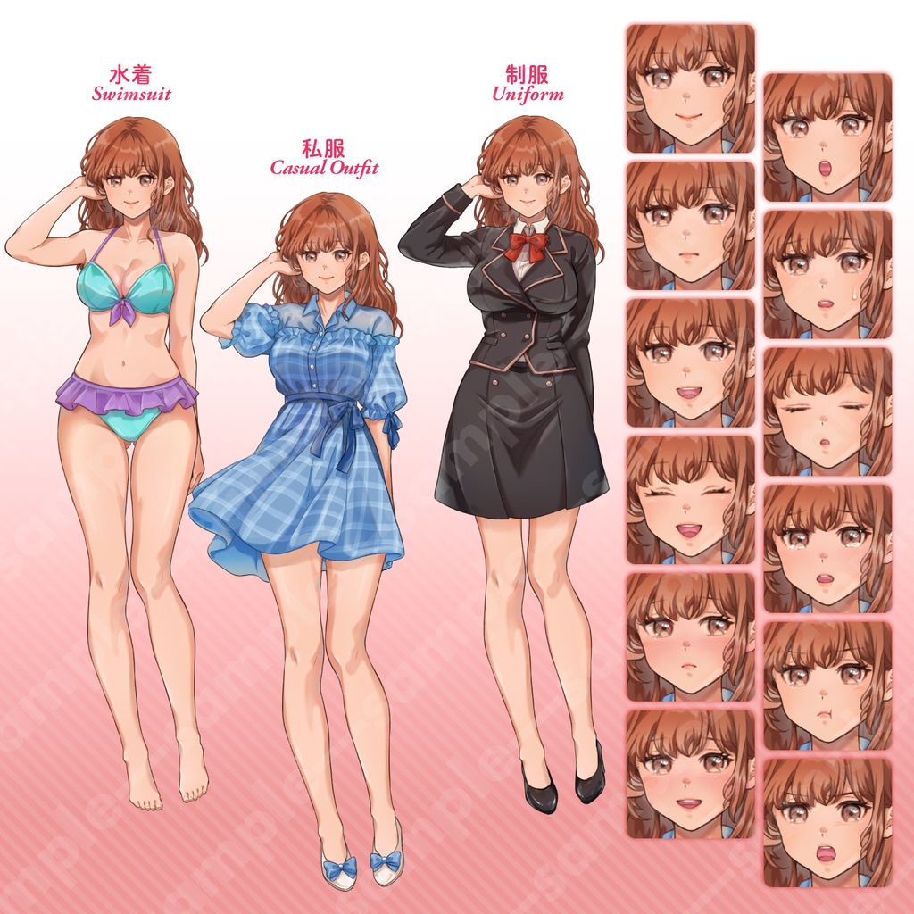 【立ち絵素材・3キャラセット】茶髪ヒロイン/紫髪ツンデレ/ピンク髪癒し系の女性キャラ3点まとめ/衣装3種・表情12種