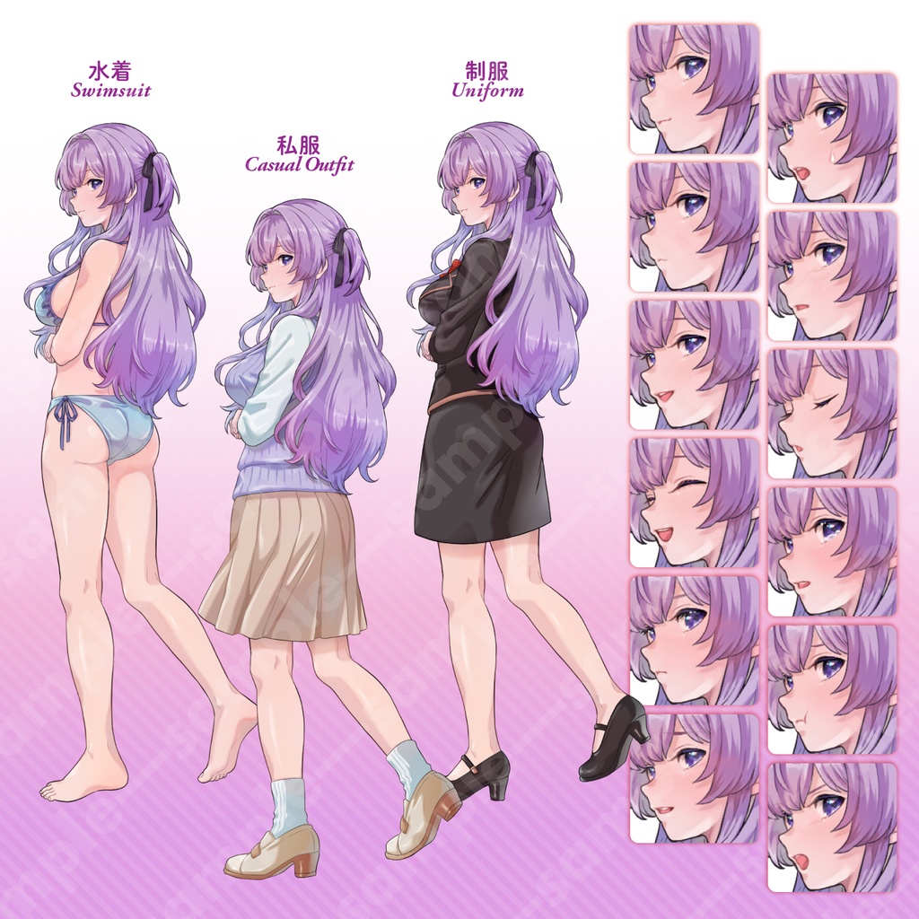 【立ち絵素材・3キャラセット】茶髪ヒロイン/紫髪ツンデレ/ピンク髪癒し系の女性キャラ3点まとめ/衣装3種・表情12種