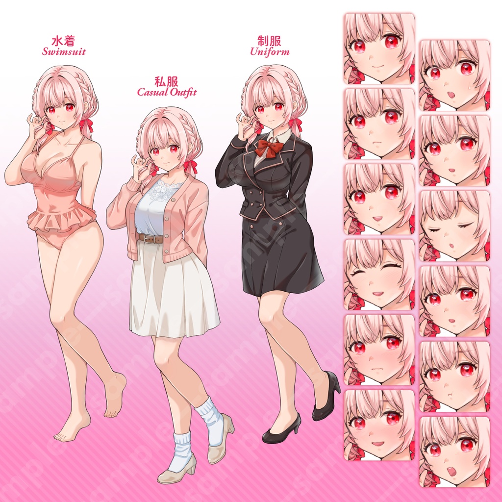 【立ち絵素材・3キャラセット】茶髪ヒロイン/紫髪ツンデレ/ピンク髪癒し系の女性キャラ3点まとめ/衣装3種・表情12種