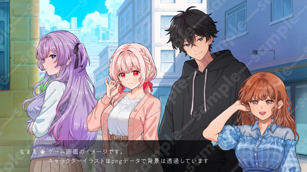 【立ち絵素材・3キャラセット】茶髪ヒロイン/紫髪ツンデレ/ピンク髪癒し系の女性キャラ3点まとめ/衣装3種・表情12種