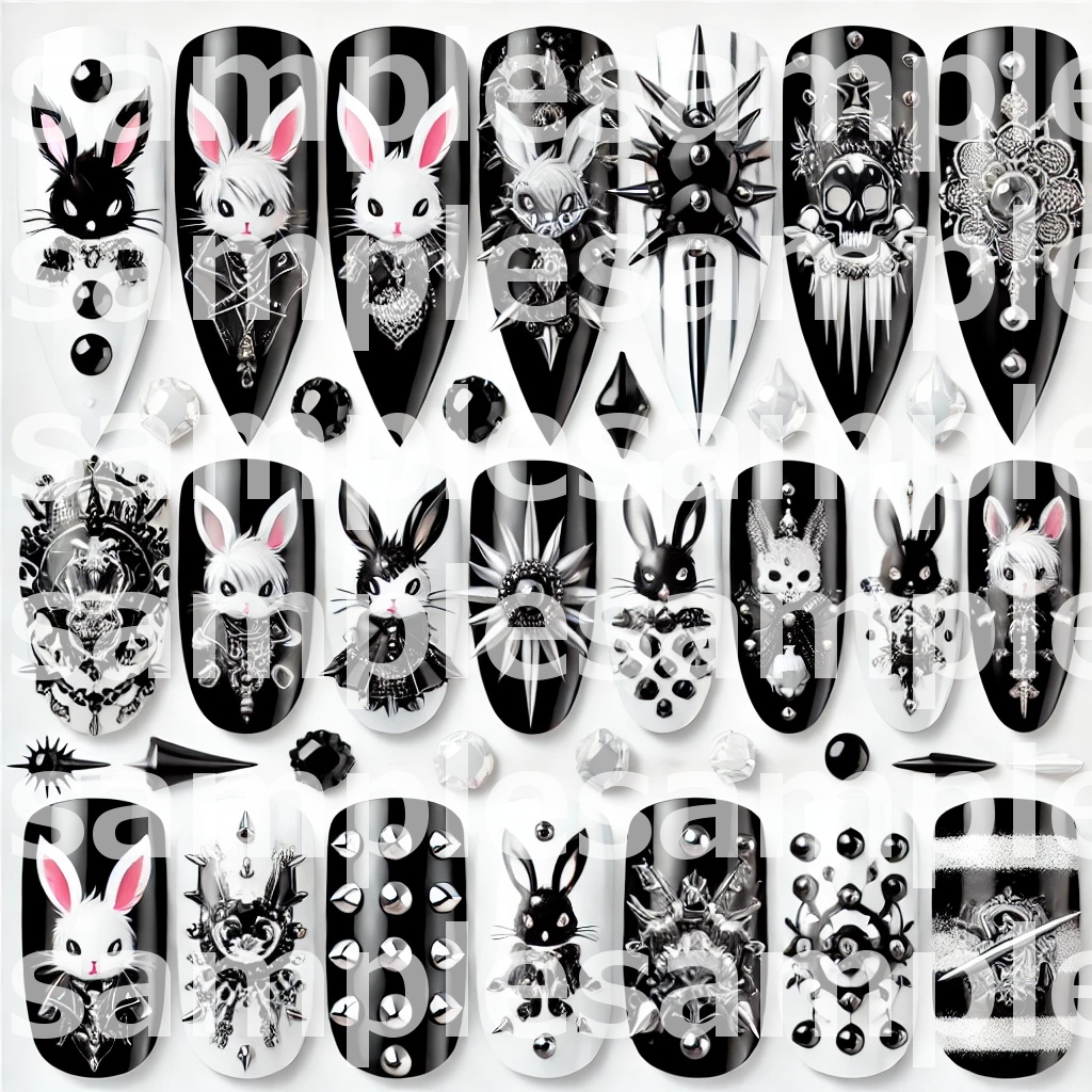 🐰💅【ネイルデザイン参考】黒×白 兎モチーフネイル10点デザインセット🐰💅