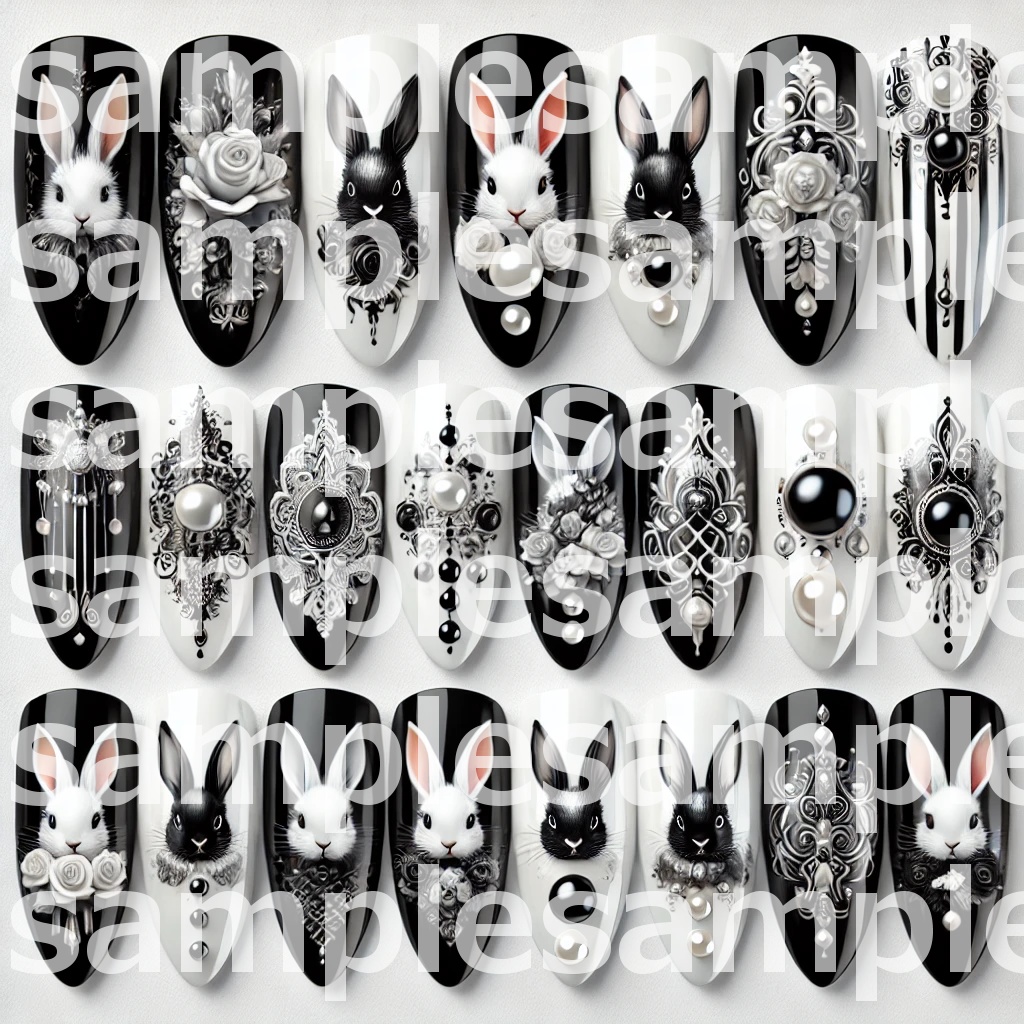 🐰💅【ネイルデザイン参考】黒×白 兎モチーフネイル10点デザインセット🐰💅