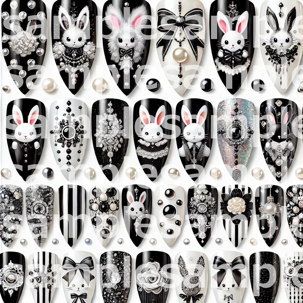 🐰💅【ネイルデザイン参考】黒×白 兎モチーフネイル10点デザインセット🐰💅