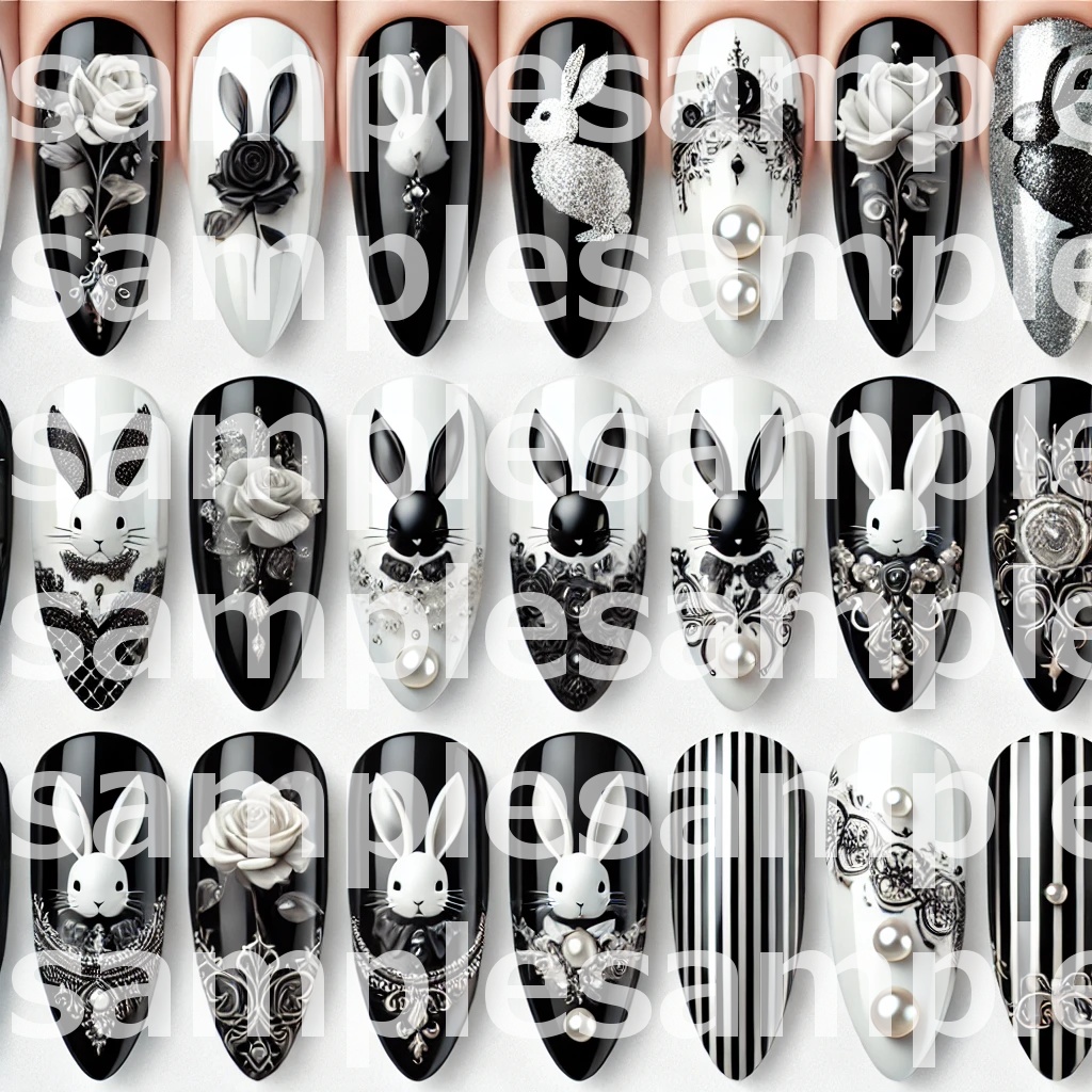 🐰💅【ネイルデザイン参考】黒×白 兎モチーフネイル10点デザインセット🐰💅