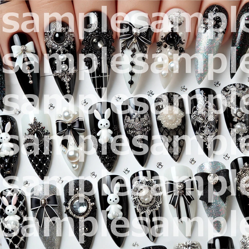 🐰💅【ネイルデザイン参考】黒×白 兎モチーフネイル10点デザインセット🐰💅