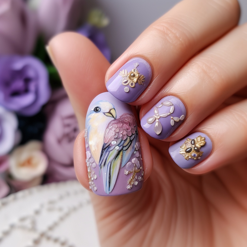 🎨【ネイルデザイン参考】インコ×バイオレット×シンプルネイル10点セット💅