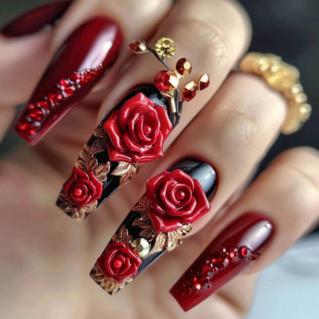 🔴【ネイルデザイン参考】豪華3D赤バラネイル10点セット💅🌹