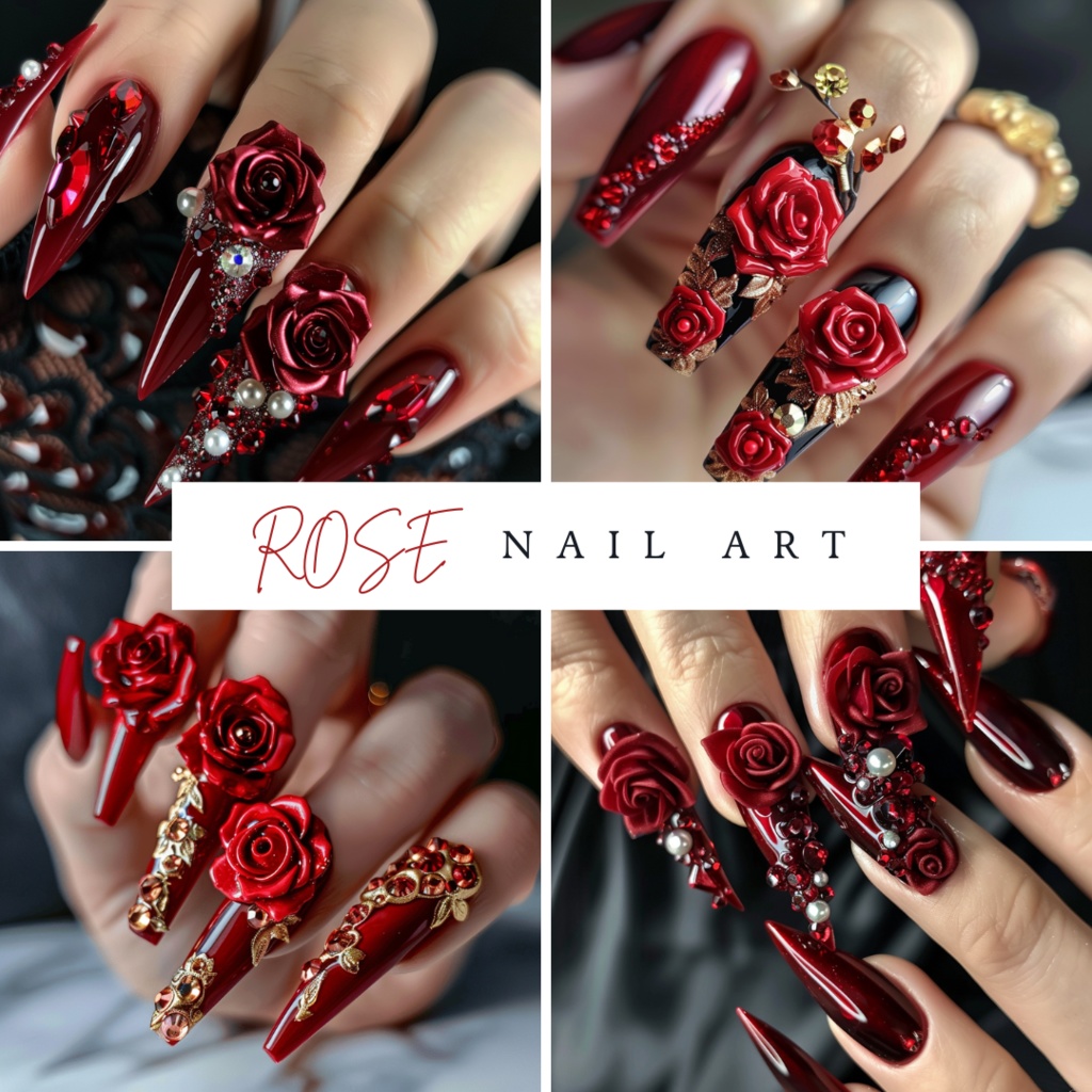🔴【ネイルデザイン参考】豪華3D赤バラネイル10点セット💅🌹