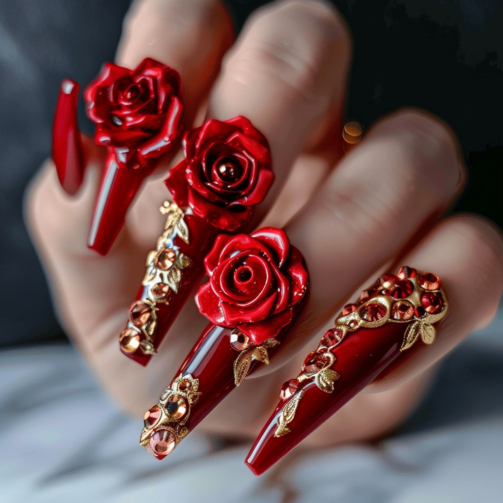 🔴【ネイルデザイン参考】豪華3D赤バラネイル10点セット💅🌹