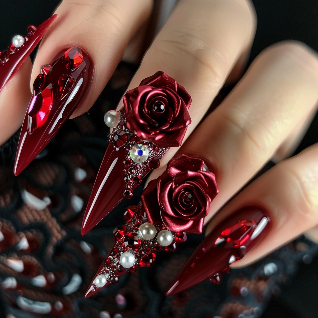 🔴【ネイルデザイン参考】豪華3D赤バラネイル10点セット💅🌹